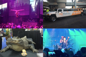 The National Workers' Compensation and Disability Conference & Expo in November featured a party with an acrobat, Hummer limos and a live alligator named Spike. Another workers' comp conference in August hosted a concert by Joan Jett & the Blackhearts. (Clockwise from top left: Michael Grabell/ProPublica, Artemis Emslie via Twitter, Tom Kerr via Twitter, Jamie Gassmann via Twitter)